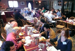 Party activists mingle over lunch.